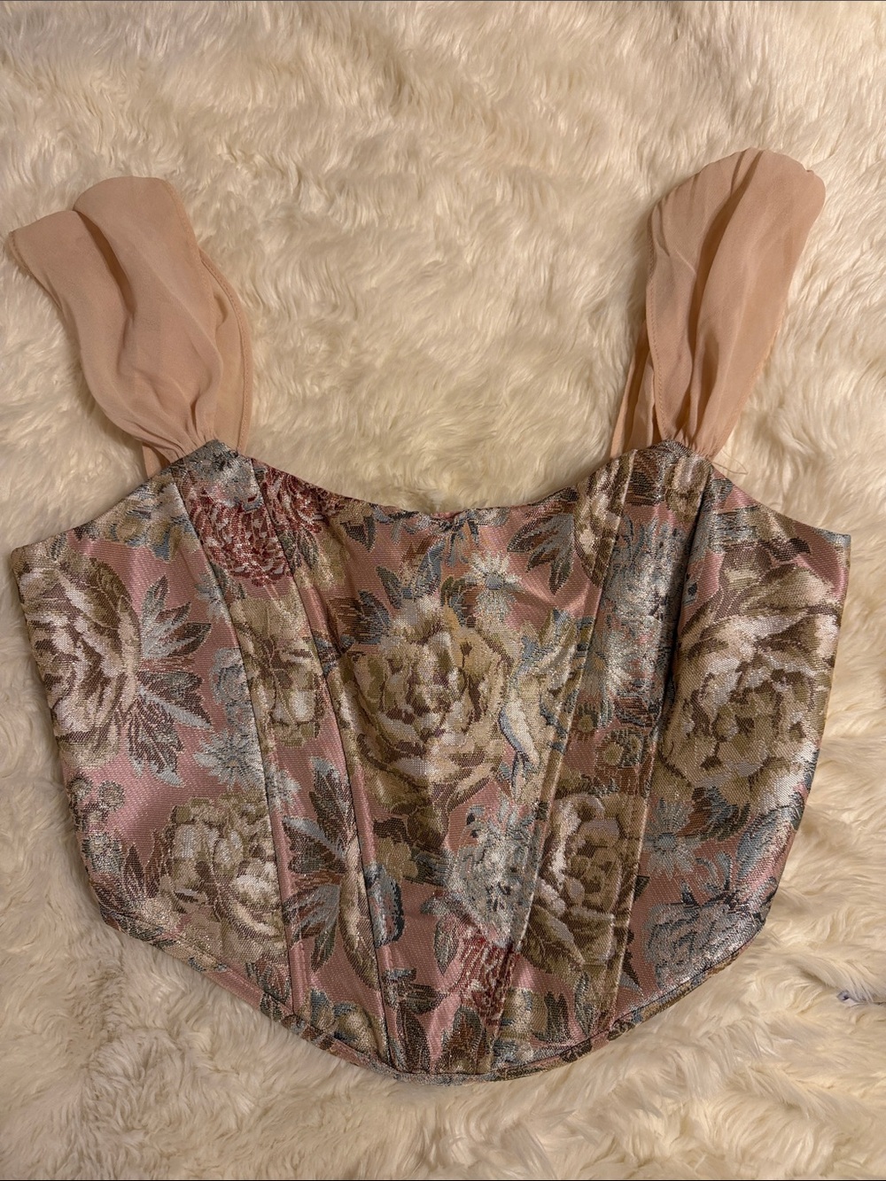 Altar'd State Pink Floral Brocade Corset Crop top with Sheer Straps
